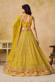 Mustard Yellow Lehenga Choli with Pink Floral Embroidery and Designer Dupatta