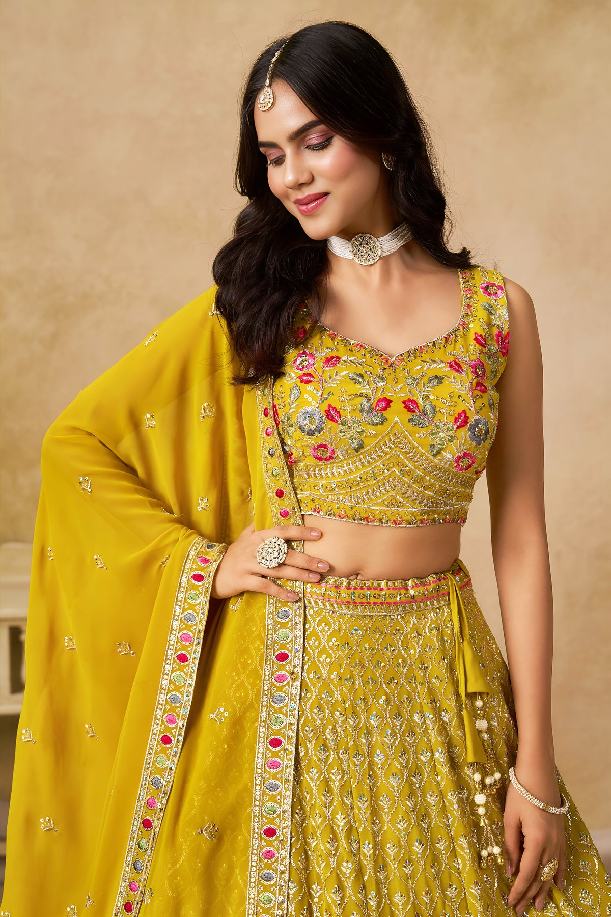 Mustard Yellow Lehenga Choli with Pink Floral Embroidery and Designer Dupatta