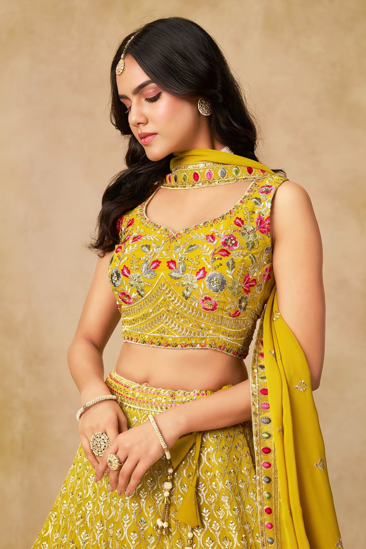 Mustard Yellow Lehenga Choli with Pink Floral Embroidery and Designer Dupatta