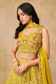 Mustard Yellow Lehenga Choli with Pink Floral Embroidery and Designer Dupatta