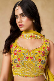 Mustard Yellow Lehenga Choli with Pink Floral Embroidery and Designer Dupatta