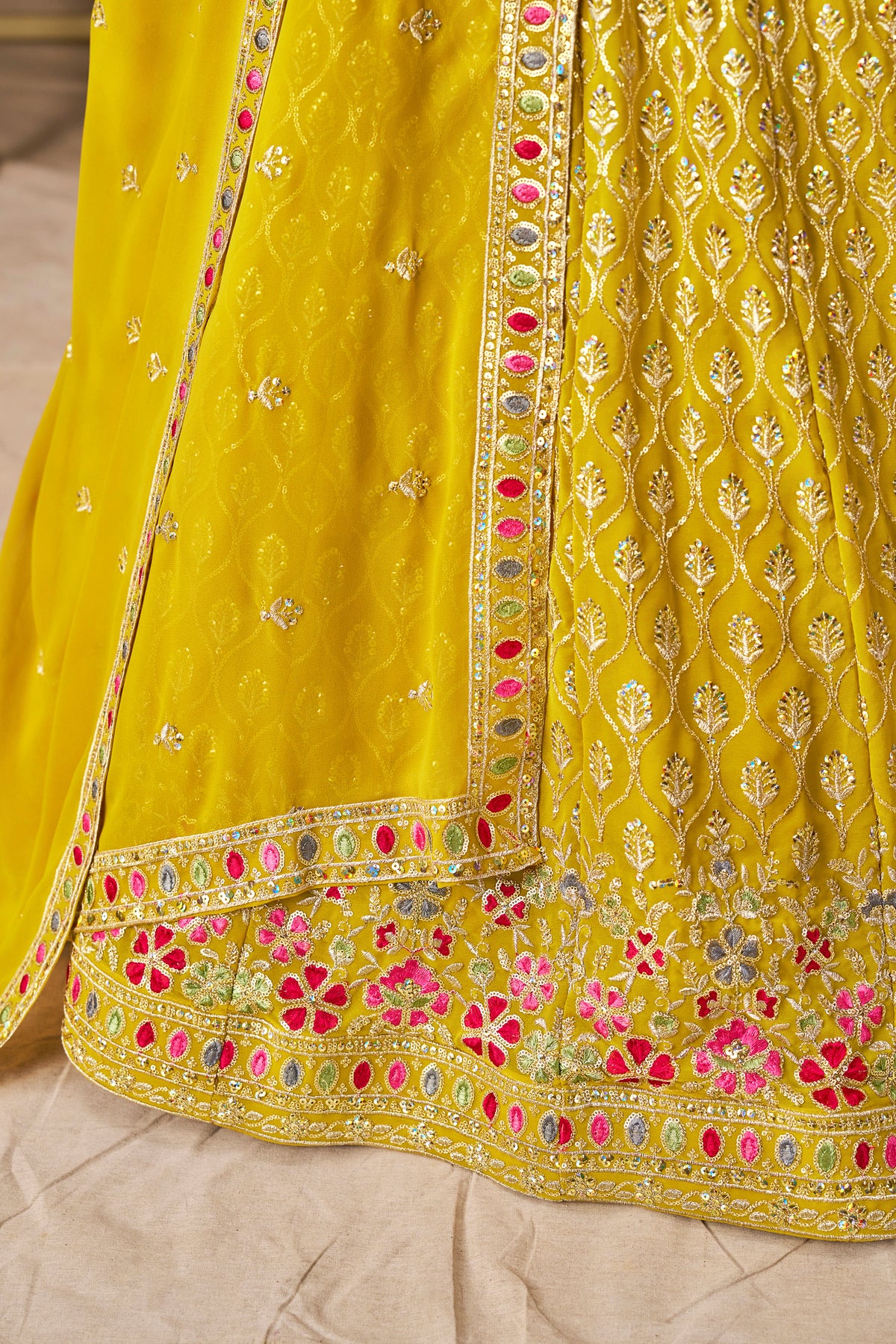 Mustard Yellow Lehenga Choli with Pink Floral Embroidery and Designer Dupatta