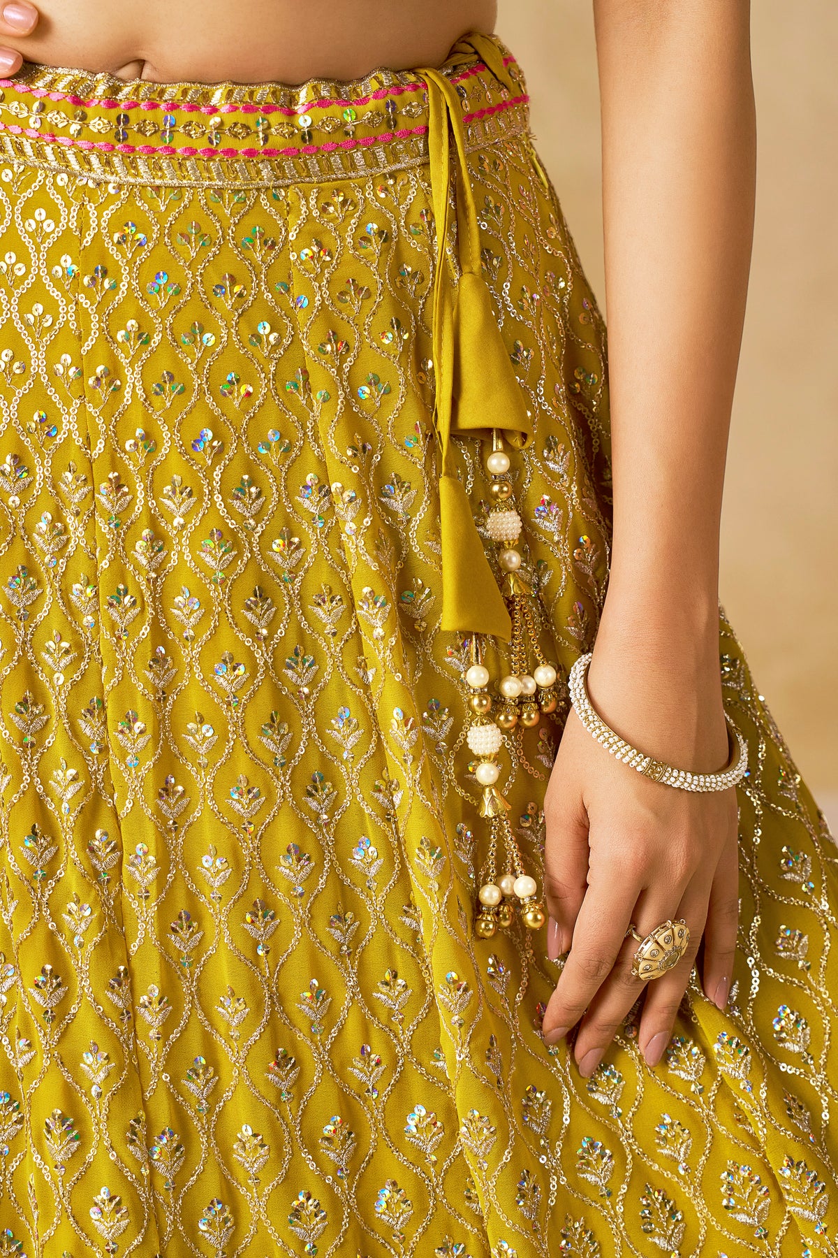 Mustard Yellow Lehenga Choli with Pink Floral Embroidery and Designer Dupatta