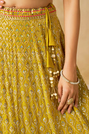 Mustard Yellow Lehenga Choli with Pink Floral Embroidery and Designer Dupatta