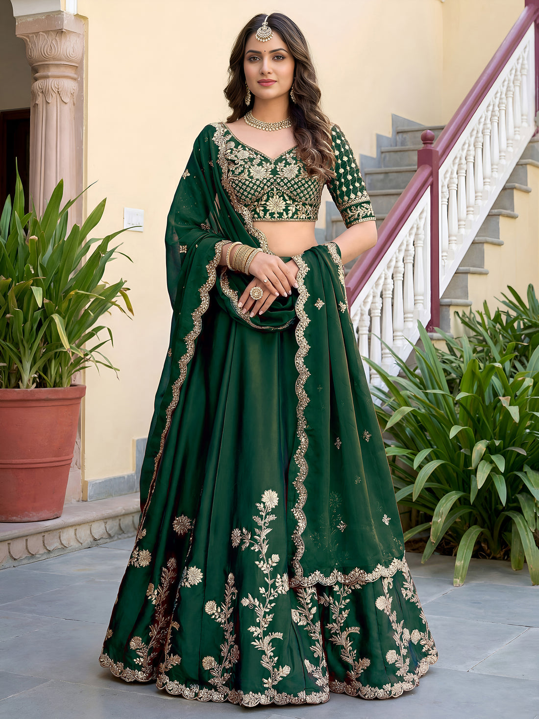 Elegant Dark Green Gold Embroidered Bridal Lehenga Choli with Dupatta