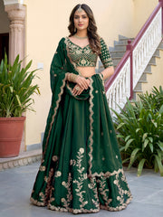Elegant Dark Green Gold Embroidered Bridal Lehenga Choli with Dupatta