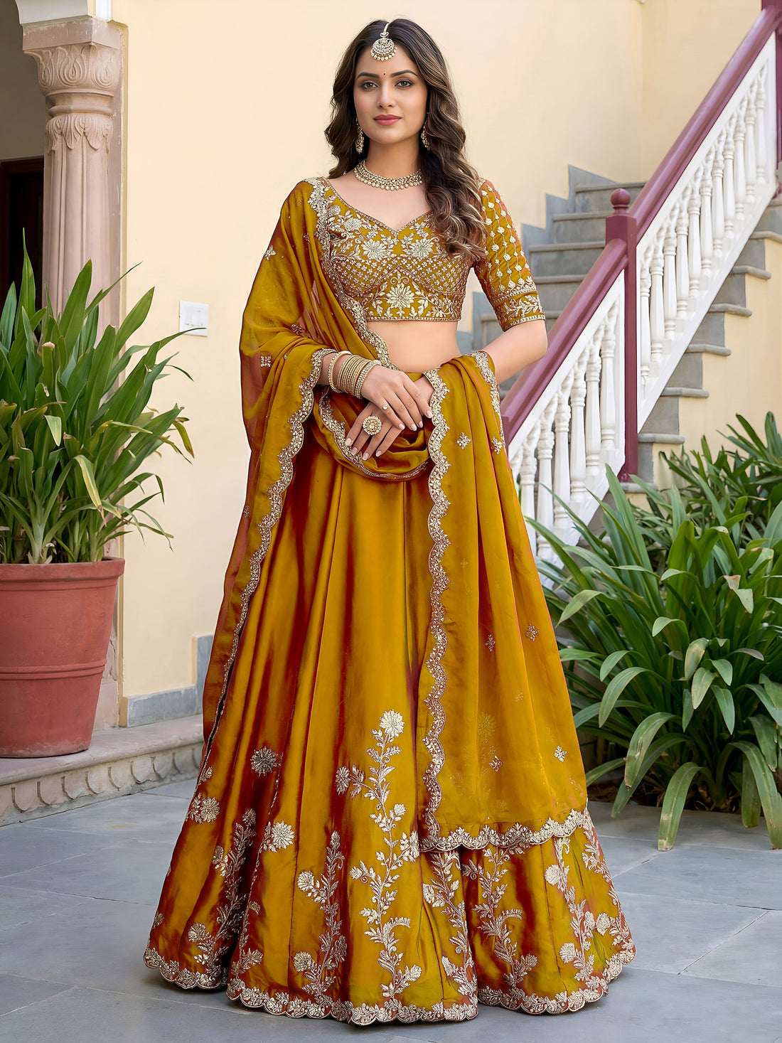 Elegant Mustard Yellow Embroidered Bridal Lehenga Choli with Dupatta