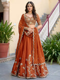 Elegant Rust Orange Gold Embroidered Bridal Lehenga Choli with Dupatta