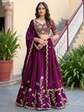 Elegant Wine Purple Gold Embroidered Bridal Lehenga Choli with Dupatta