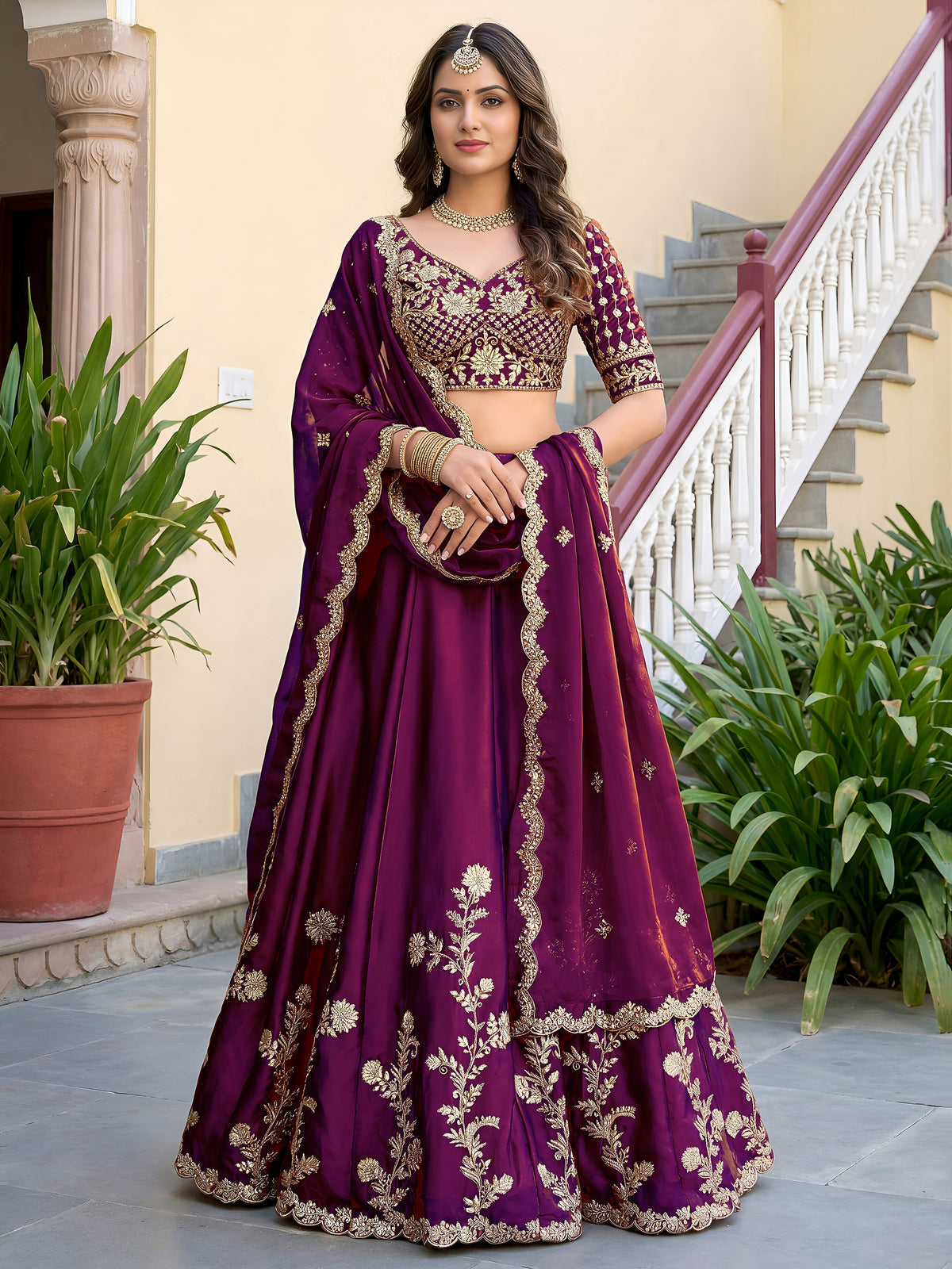 Elegant Wine Purple Gold Embroidered Bridal Lehenga Choli with Dupatta