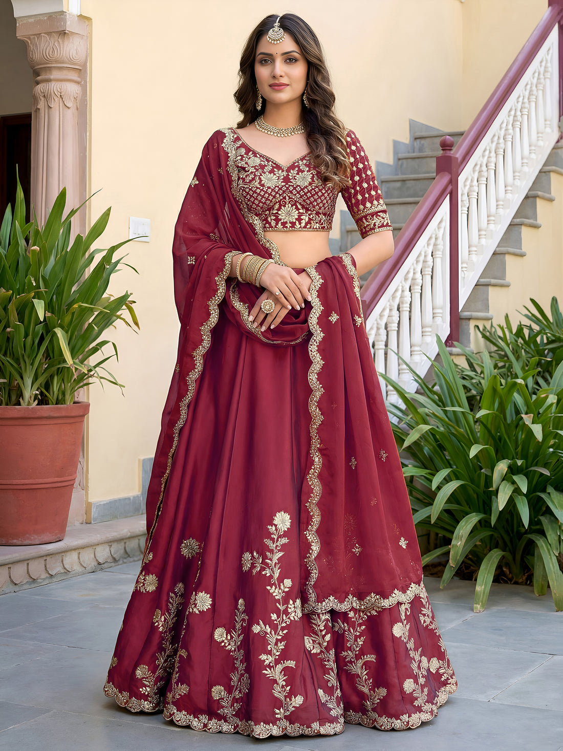 Elegant Maroon Gold Embroidered Bridal Lehenga Choli with Dupatta