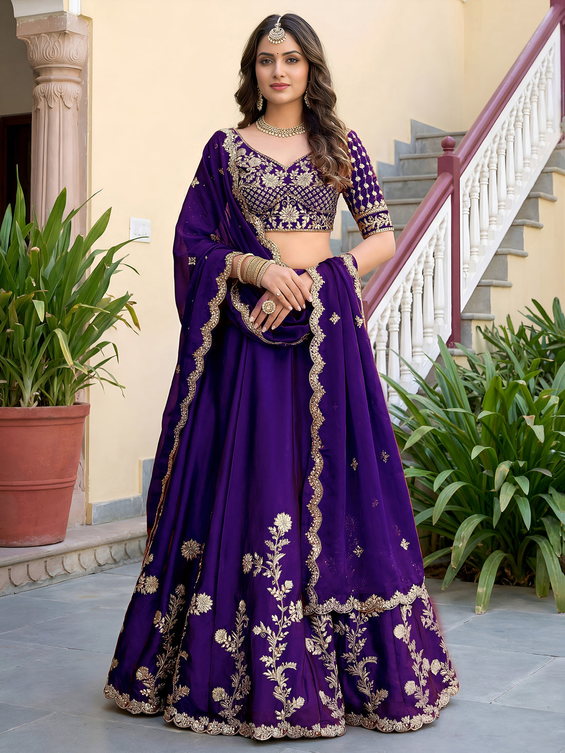 Elegant Royal Purple Gold Embroidered Bridal Lehenga Choli with Dupatta