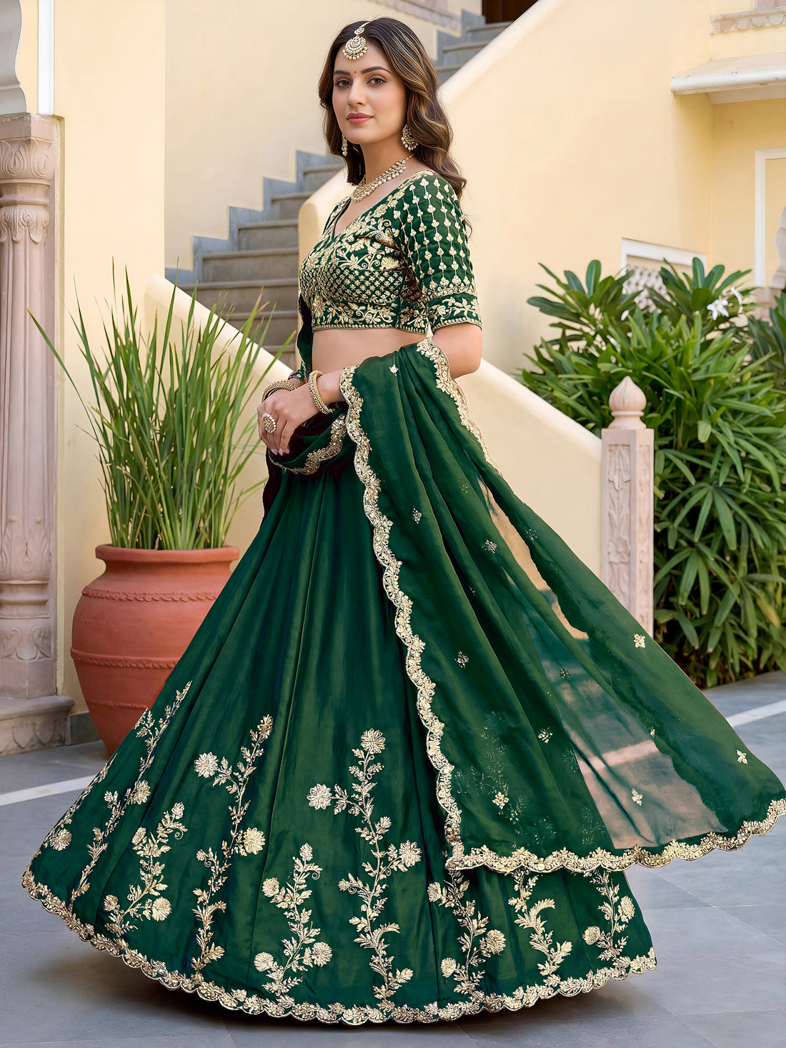 Elegant Dark Green Gold Embroidered Bridal Lehenga Choli with Dupatta