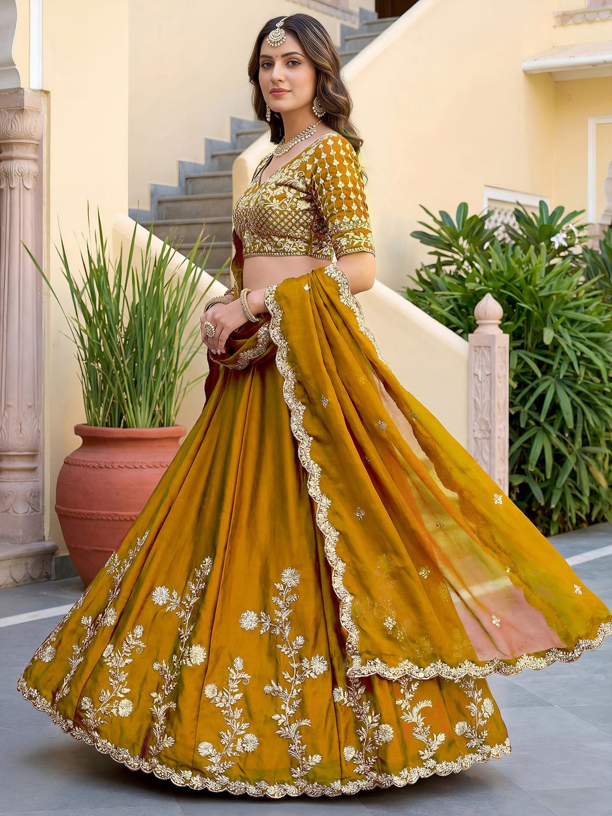 Elegant Mustard Yellow Embroidered Bridal Lehenga Choli with Dupatta