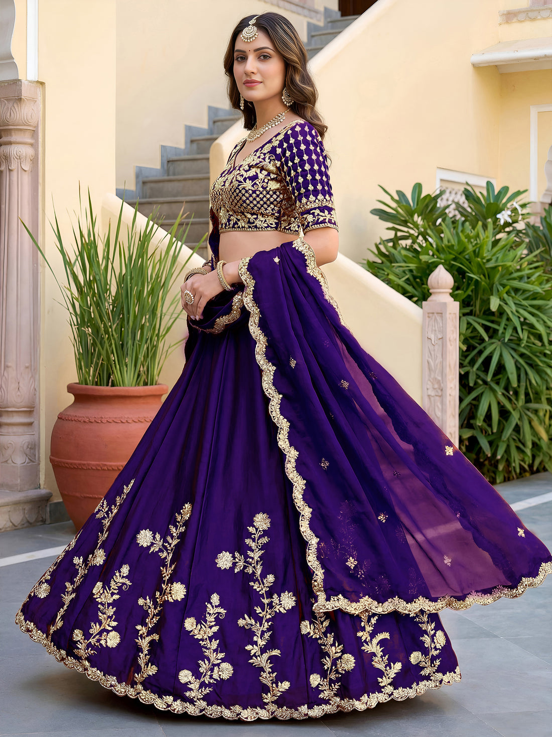 Elegant Royal Purple Gold Embroidered Bridal Lehenga Choli with Dupatta
