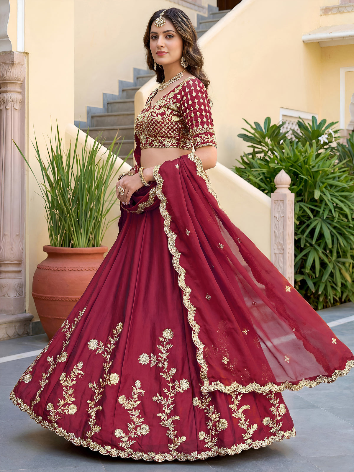 Elegant Maroon Gold Embroidered Bridal Lehenga Choli with Dupatta