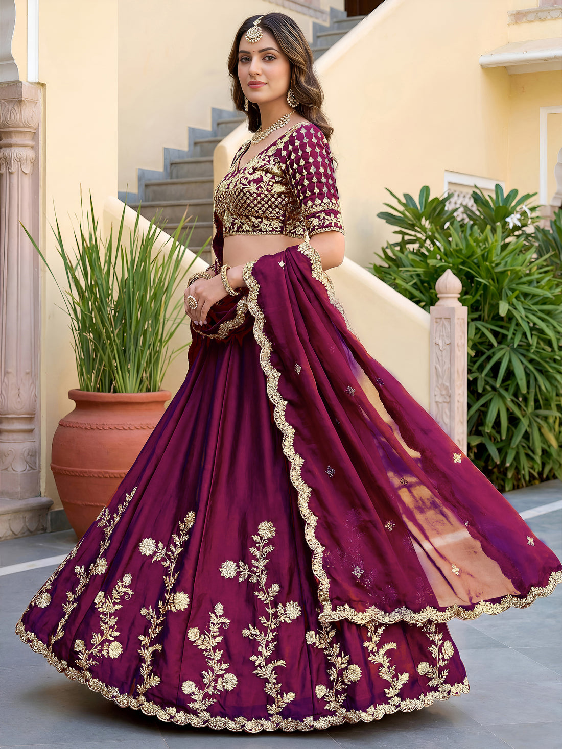 Elegant Wine Purple Gold Embroidered Bridal Lehenga Choli with Dupatta