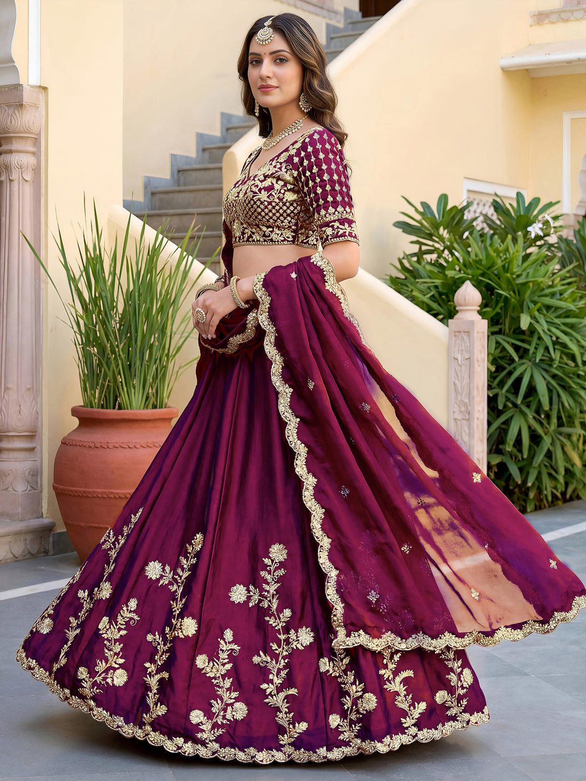 Elegant Wine Purple Gold Embroidered Bridal Lehenga Choli with Dupatta