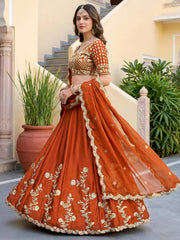 Elegant Rust Orange Gold Embroidered Bridal Lehenga Choli with Dupatta