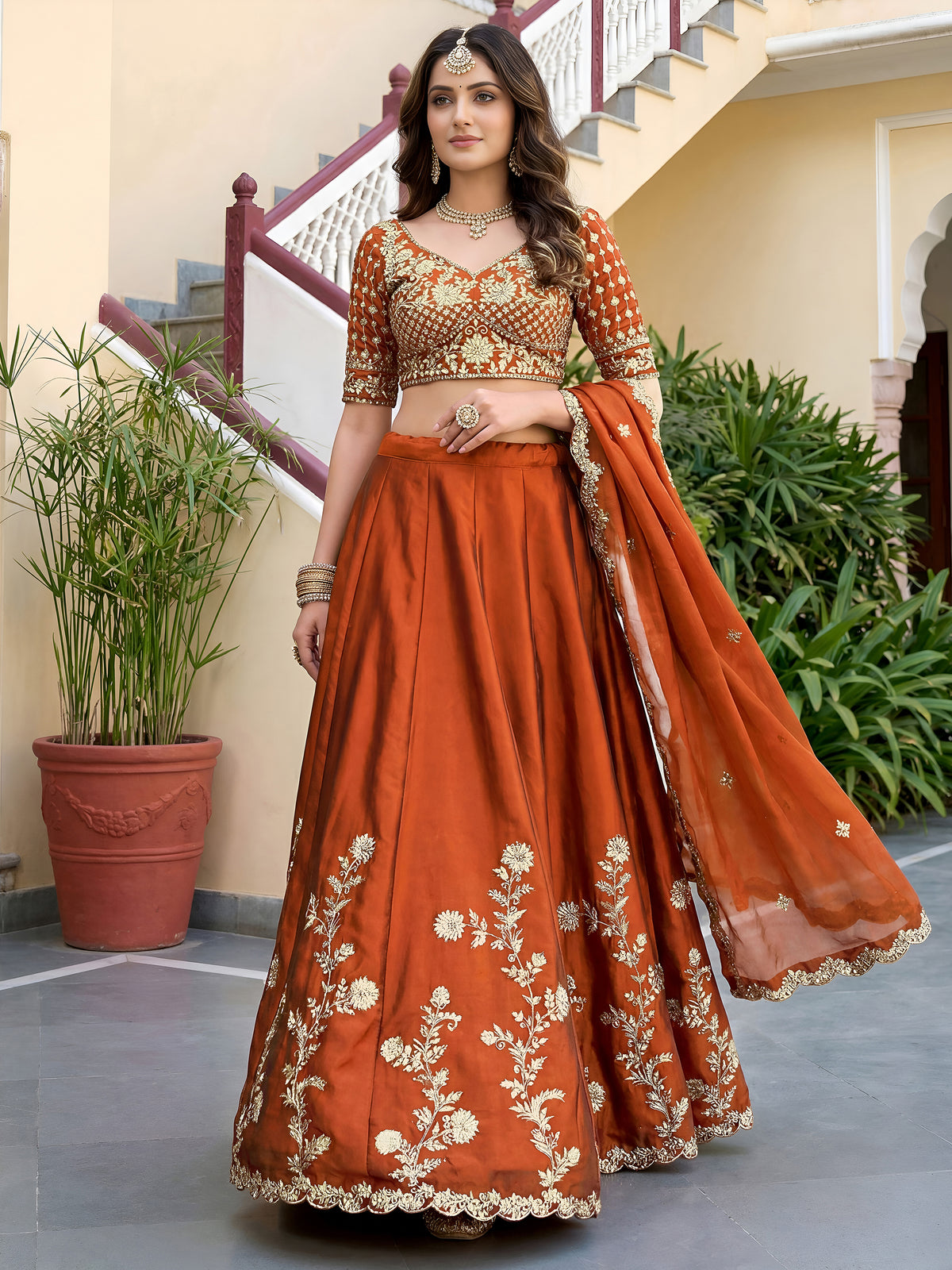 Elegant Rust Orange Gold Embroidered Bridal Lehenga Choli with Dupatta
