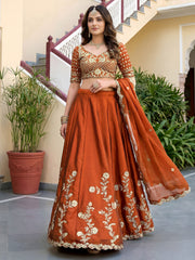 Elegant Rust Orange Gold Embroidered Bridal Lehenga Choli with Dupatta