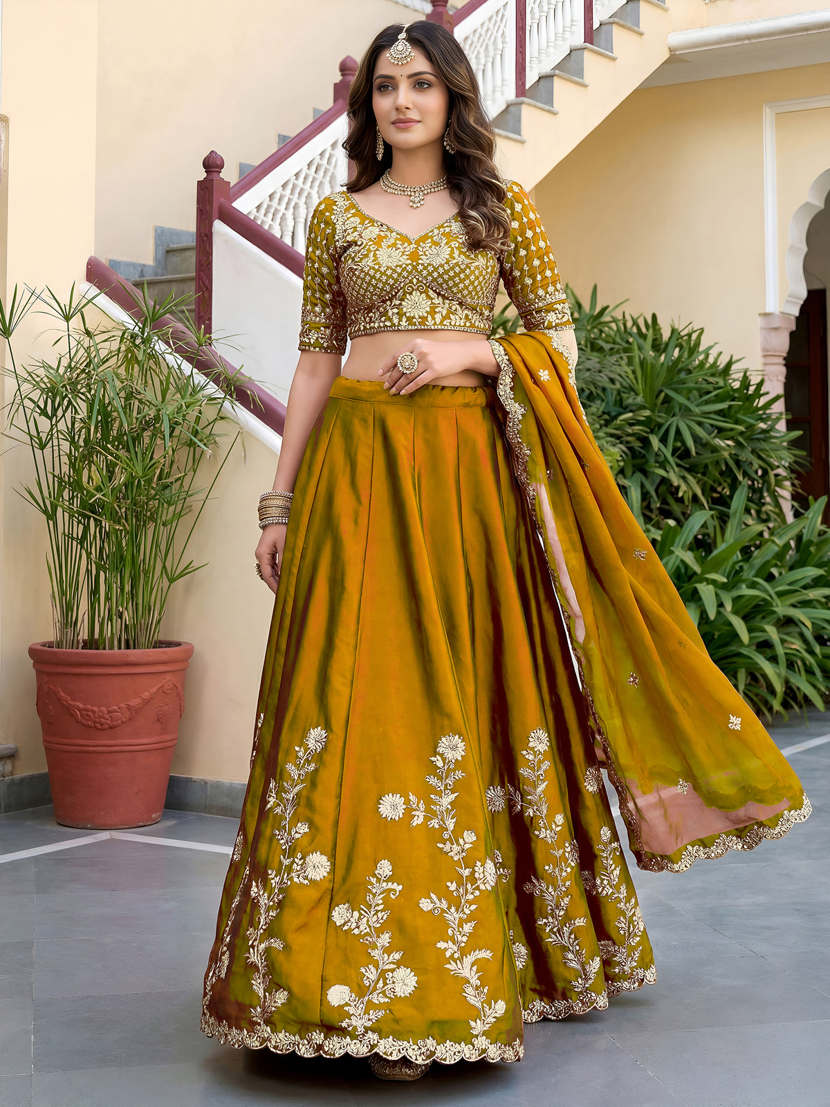Elegant Mustard Yellow Embroidered Bridal Lehenga Choli with Dupatta