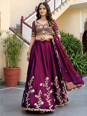 Elegant Wine Purple Gold Embroidered Bridal Lehenga Choli with Dupatta