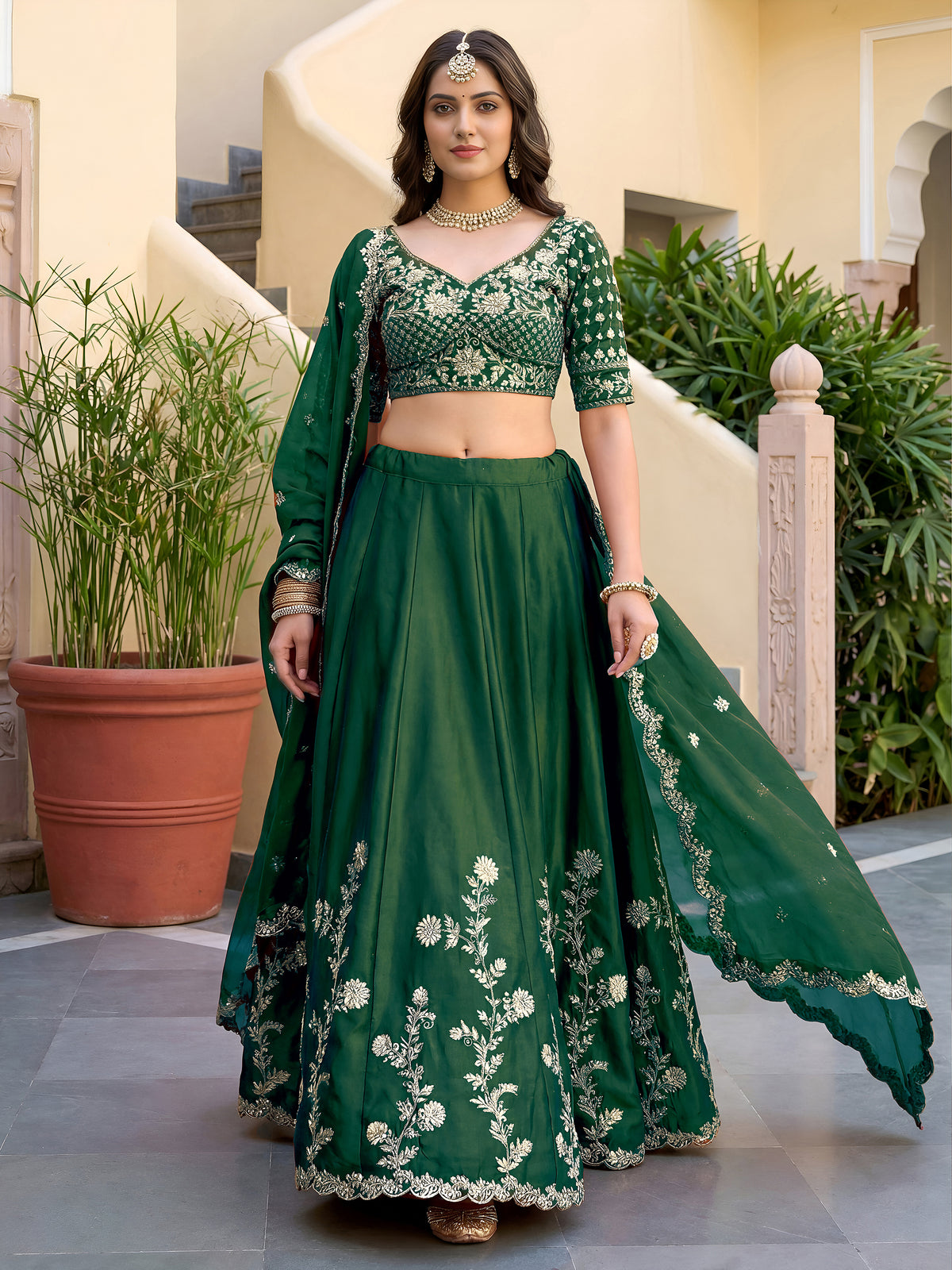 Elegant Dark Green Gold Embroidered Bridal Lehenga Choli with Dupatta