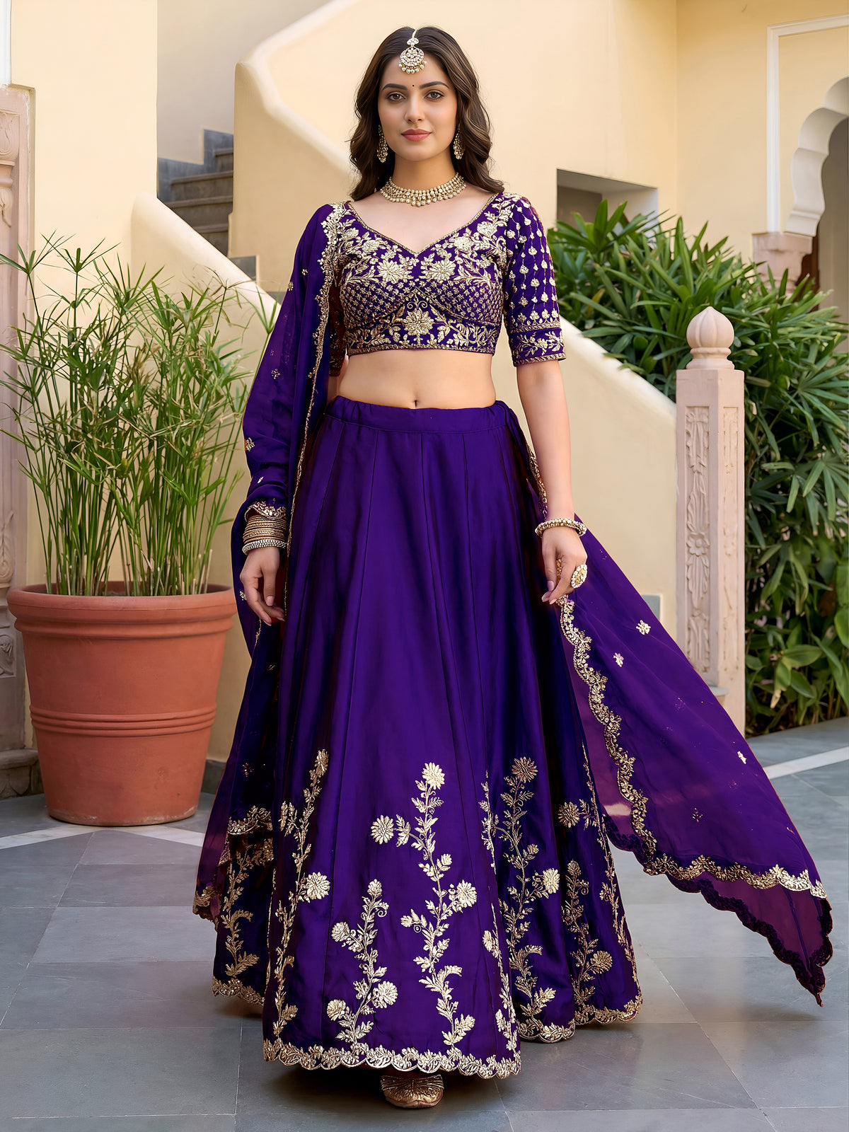 Elegant Royal Purple Gold Embroidered Bridal Lehenga Choli with Dupatta