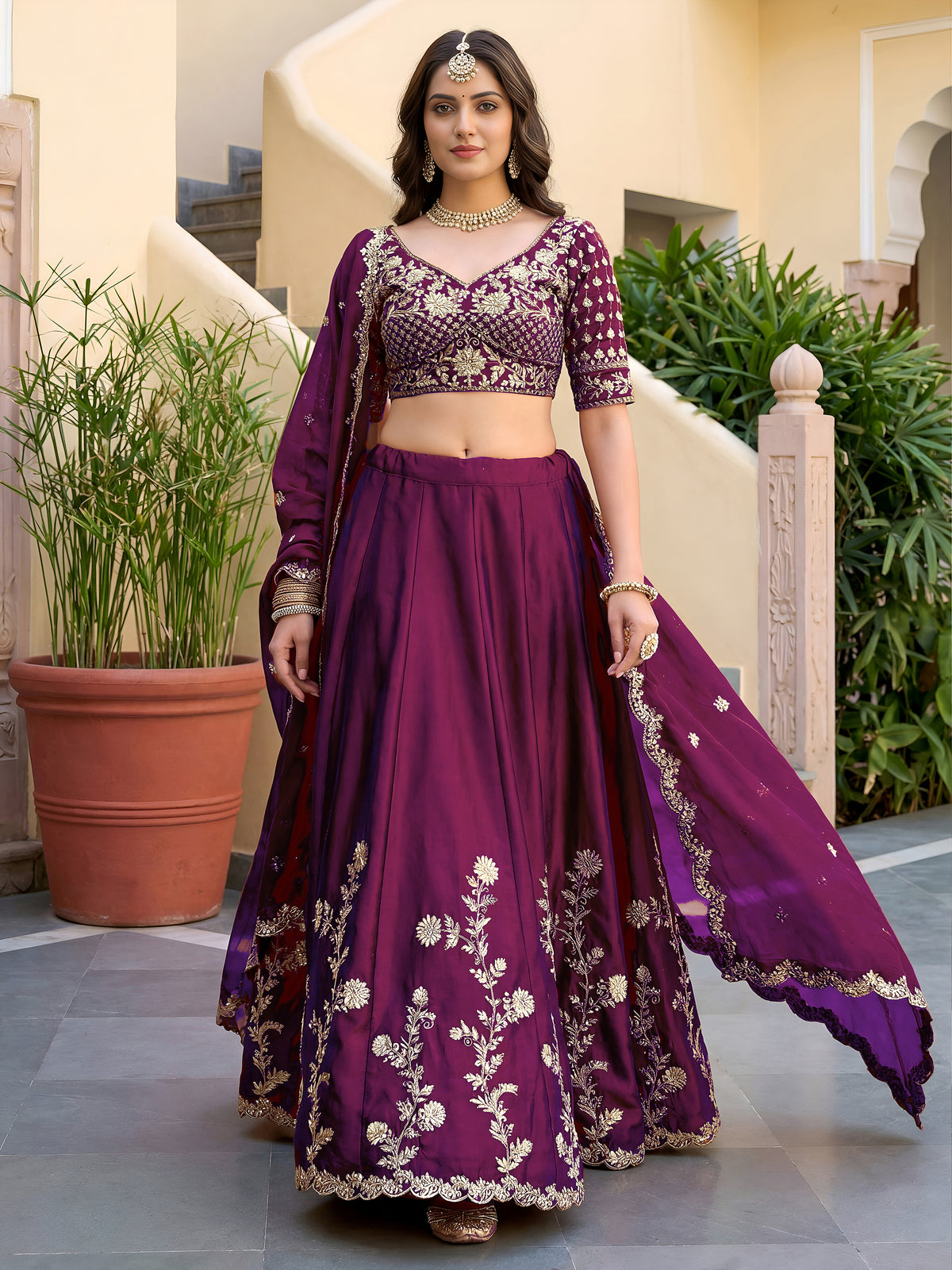 Elegant Wine Purple Gold Embroidered Bridal Lehenga Choli with Dupatta