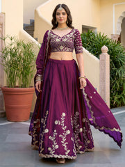 Elegant Wine Purple Gold Embroidered Bridal Lehenga Choli with Dupatta