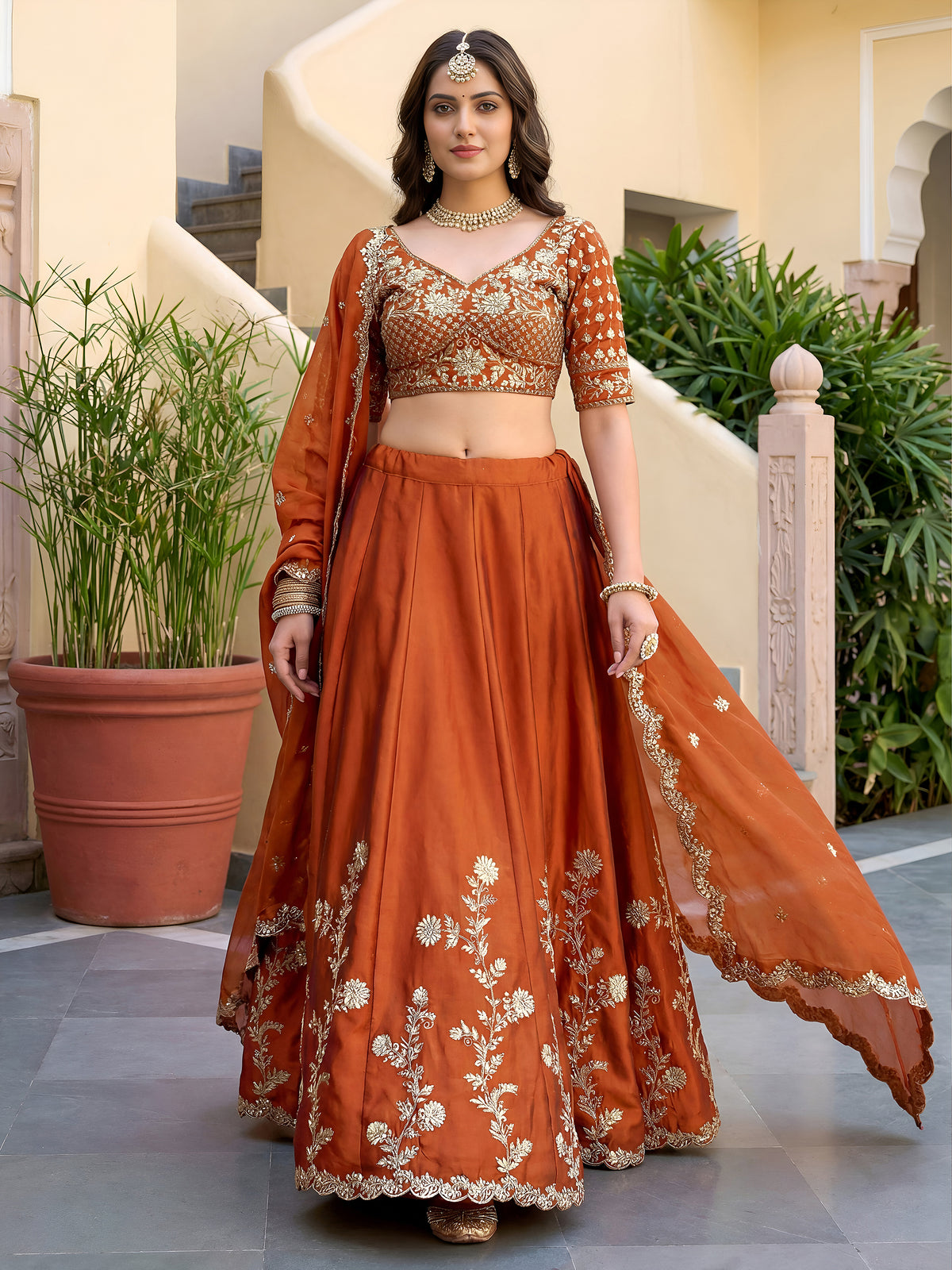 Elegant Rust Orange Gold Embroidered Bridal Lehenga Choli with Dupatta