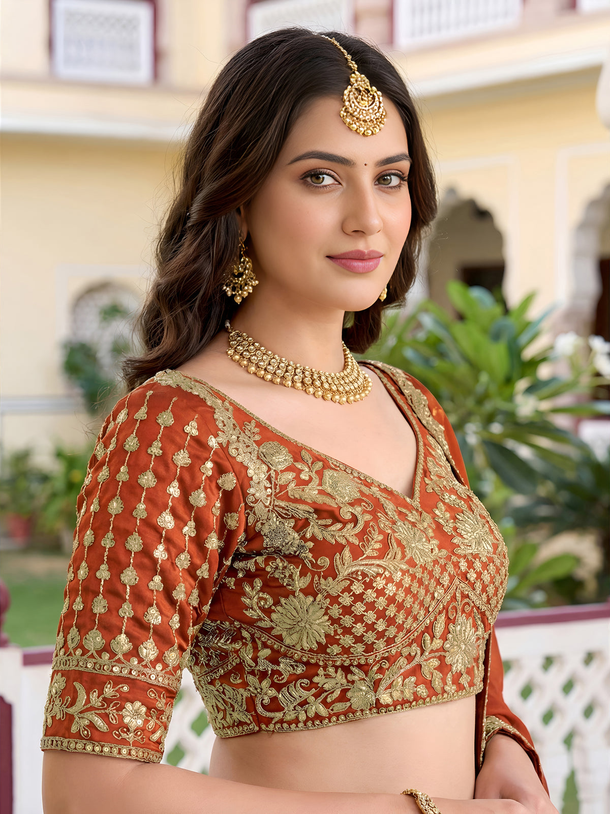 Elegant Rust Orange Gold Embroidered Bridal Lehenga Choli with Dupatta