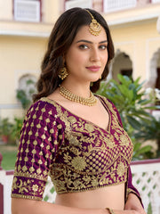 Elegant Wine Purple Gold Embroidered Bridal Lehenga Choli with Dupatta