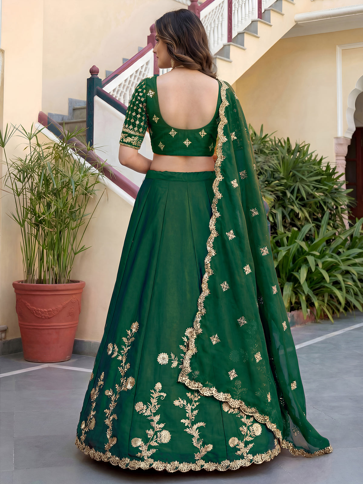 Elegant Dark Green Gold Embroidered Bridal Lehenga Choli with Dupatta