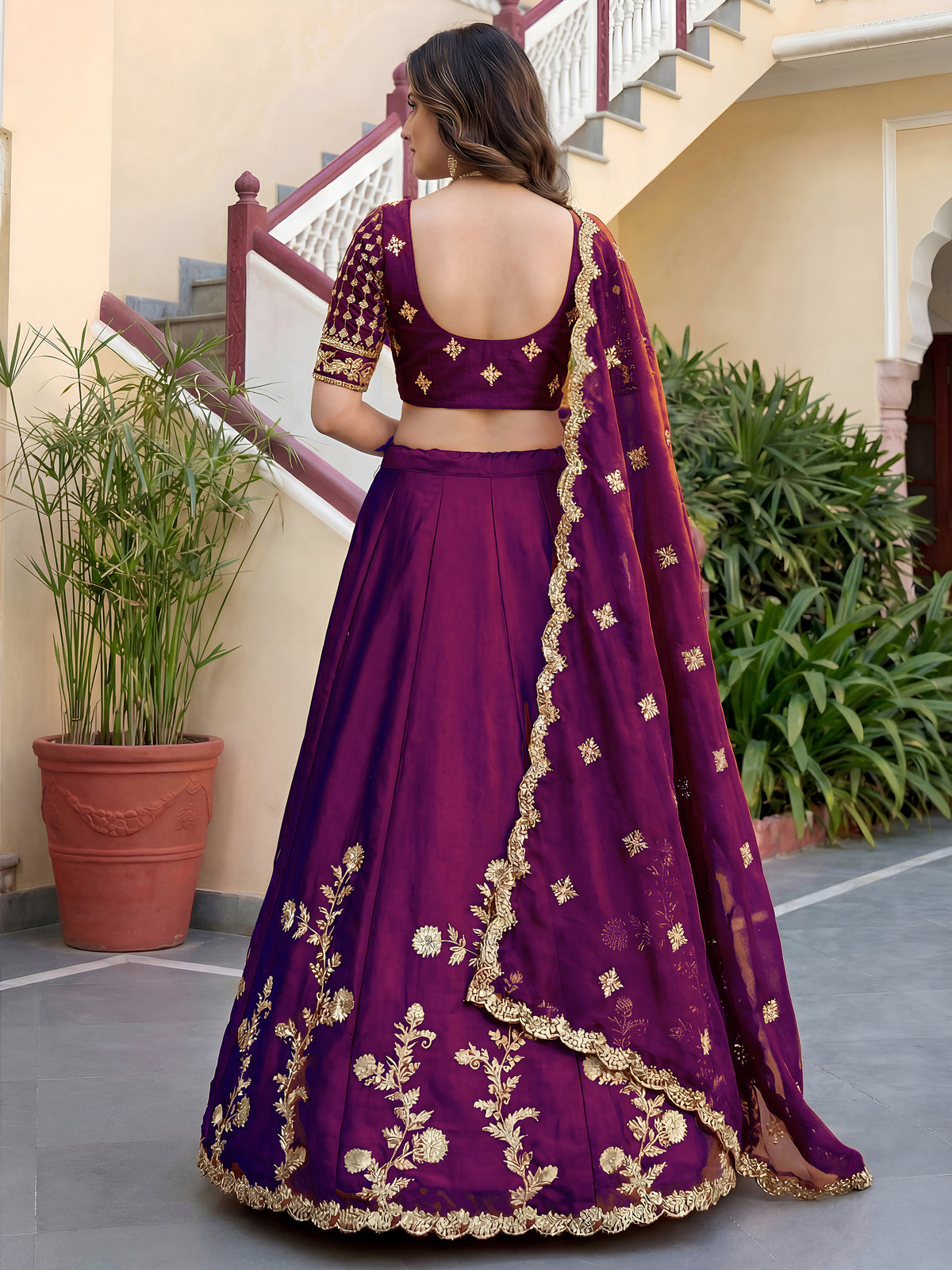 Elegant Wine Purple Gold Embroidered Bridal Lehenga Choli with Dupatta