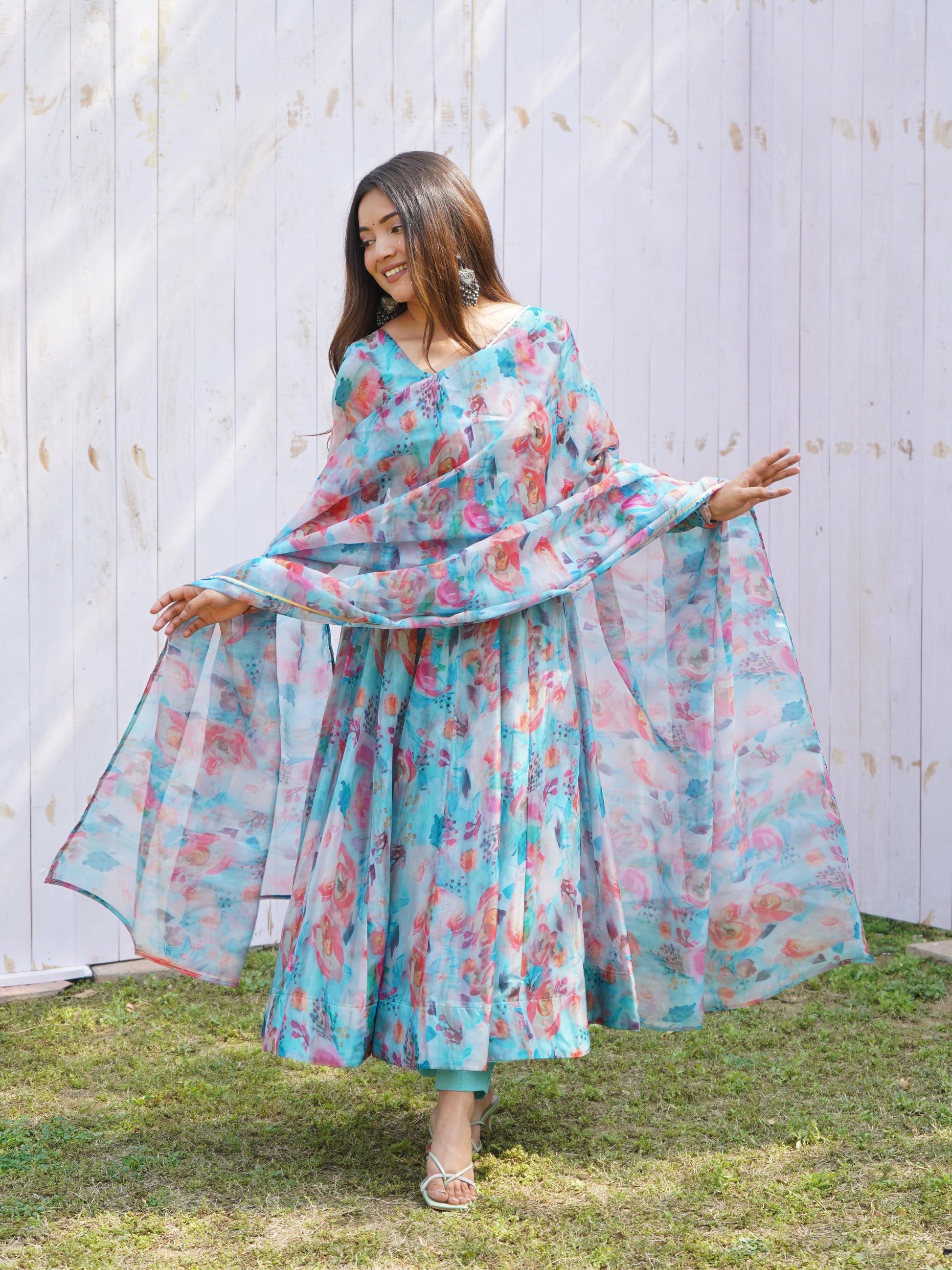 Elegant Soft Organza Silk Floral Designer Anarkali Pant Suit - Ethnicwish