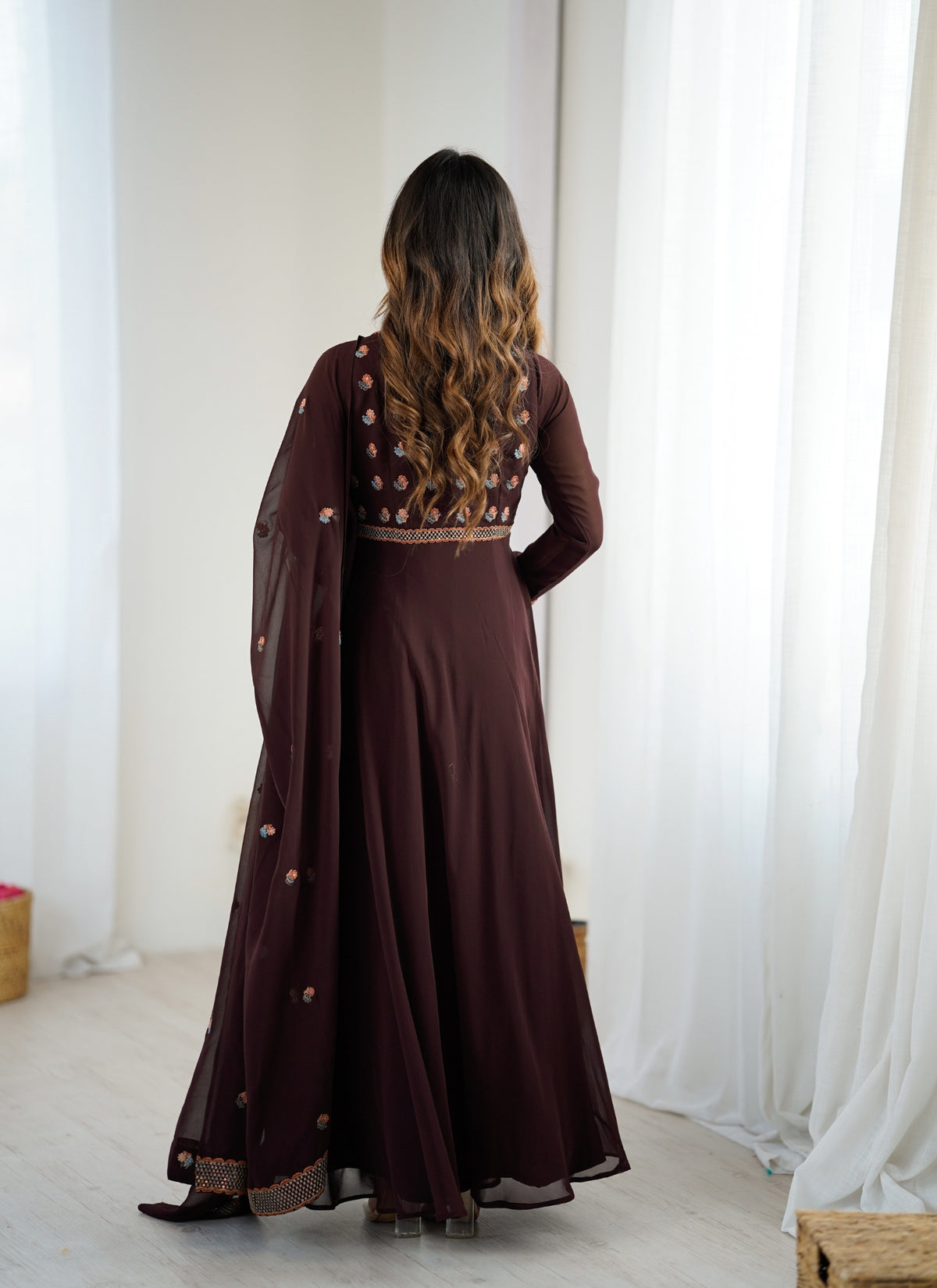 Dark Brown Embroidered Anarkali Suit with Dupatta for Women