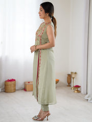 Green Embroidered Straight Kurta Set with Pink Floral Work
