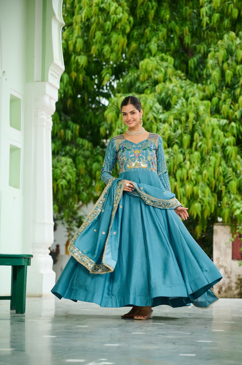 Graceful Sequins & Zari Embroidered Vichitra Silk Gown