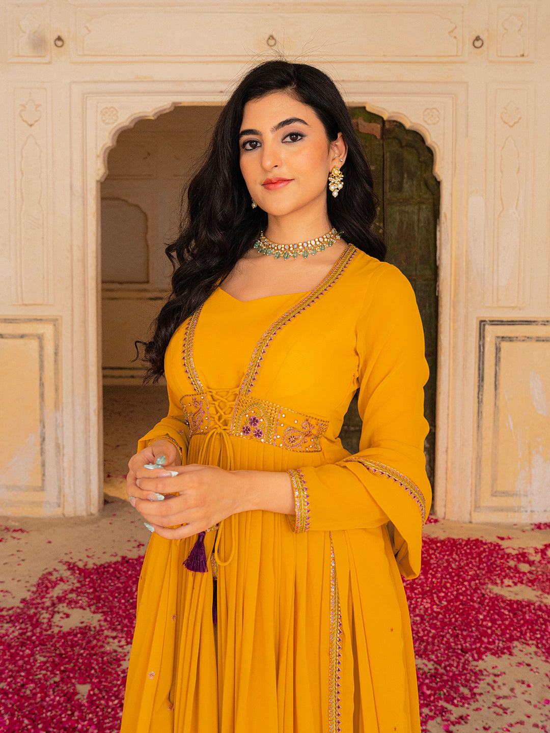 Mustard Yellow Anarkali Gown with Embroidered Waistline and Matching Dupatta