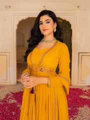 Mustard Yellow Anarkali Gown with Embroidered Waistline and Matching Dupatta