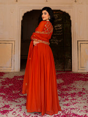 Rust Orange Anarkali Gown with Gold Embroidery and Matching Dupatta