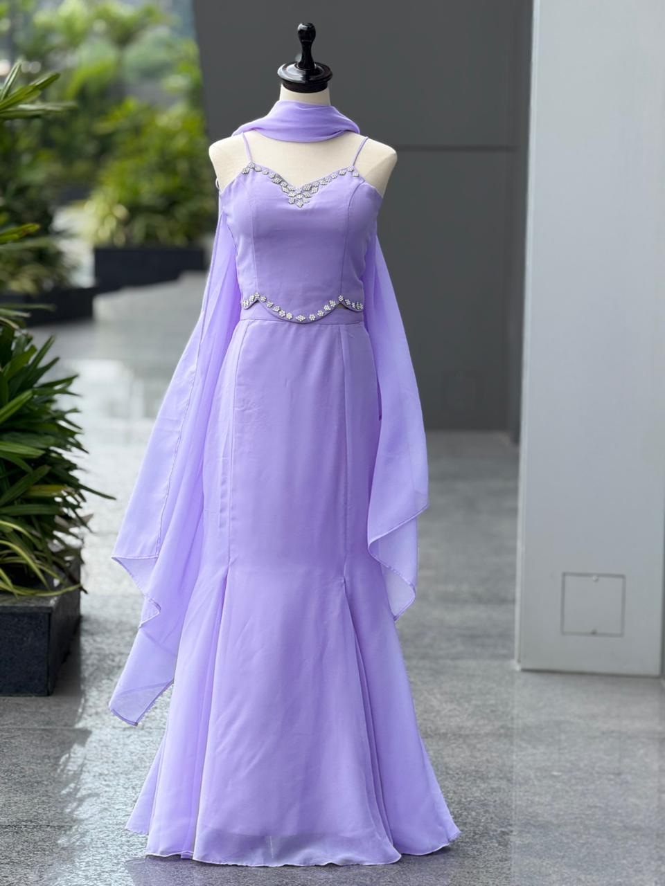 Lavender Pure Georgette Fish Cut Lehenga Choli Set with Padded Blouse & Dupatta