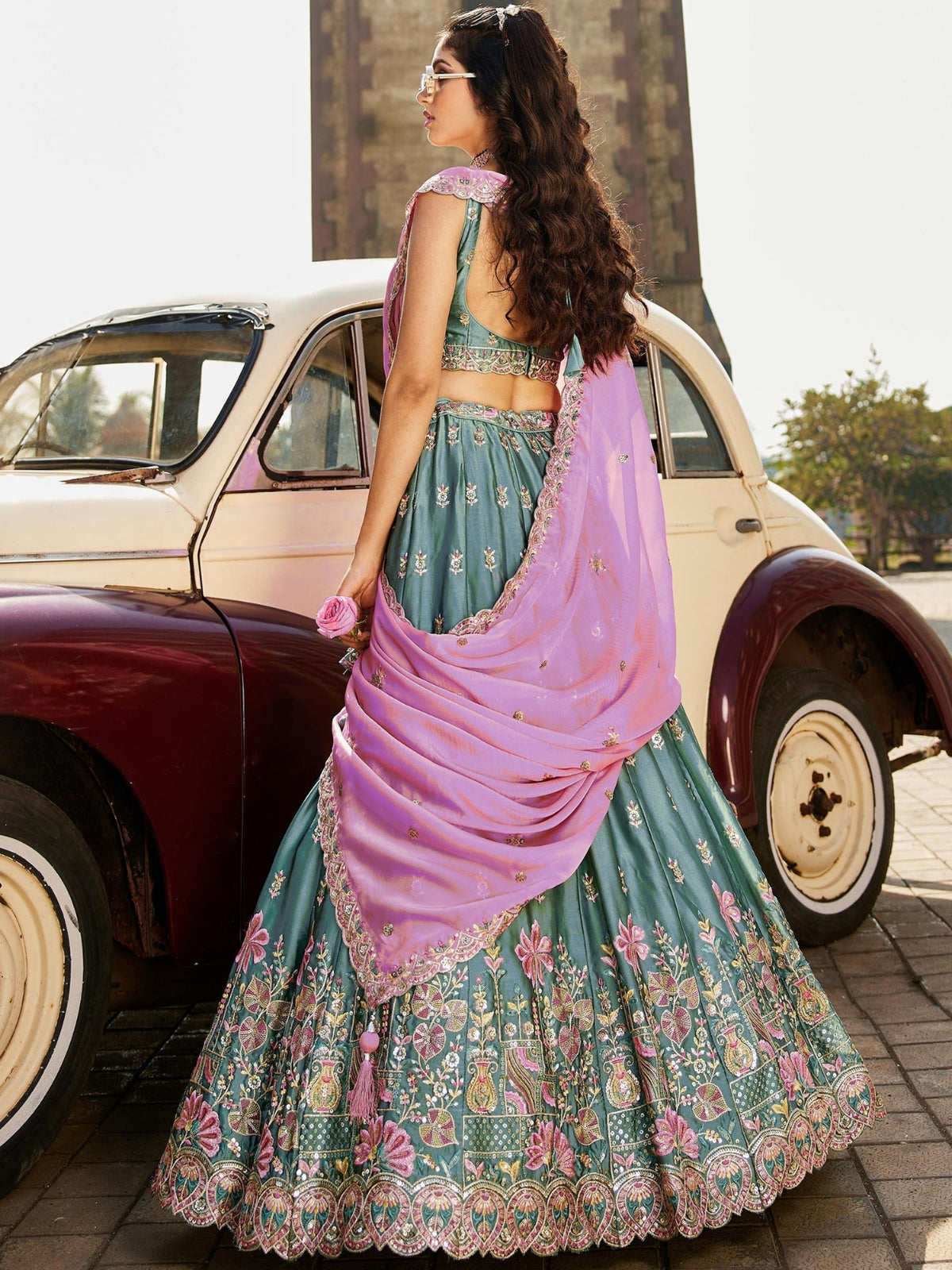 ROYAL TEAL BLUE RANGOLI SILK LEHENGA SET