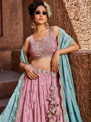 Pink Embroidered Lehenga Choli with Aqua Blue Dupatta – Bridal Party Wear Set