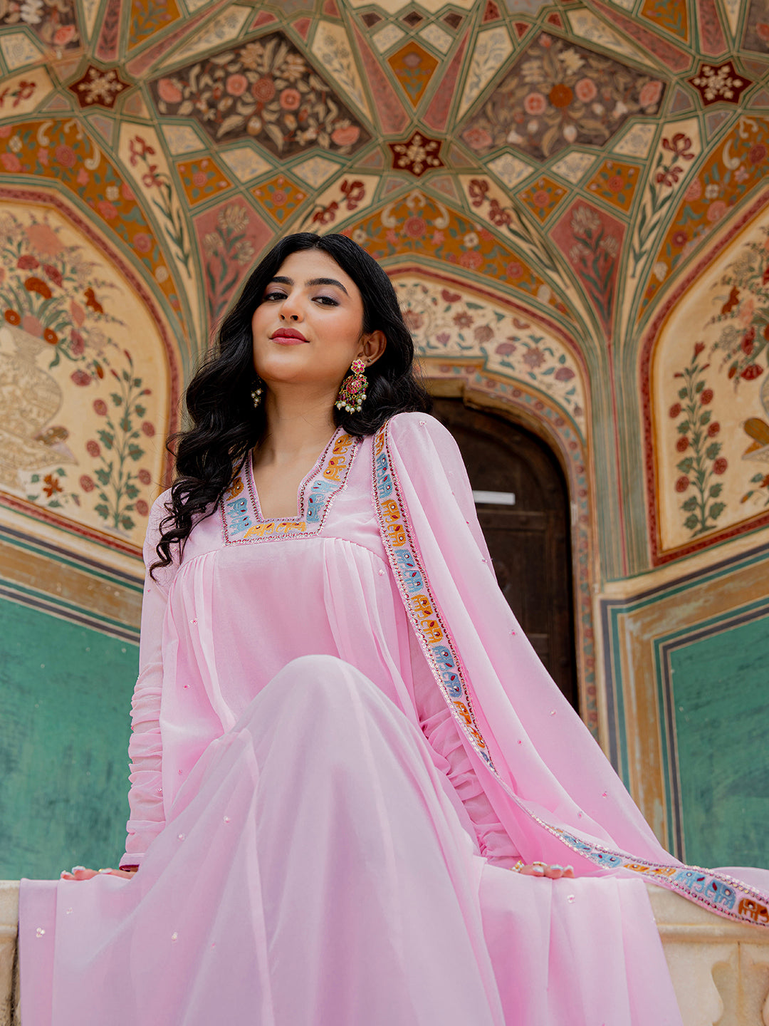 Pastel Pink Embroidered Anarkali Suit with Designer Dupatta