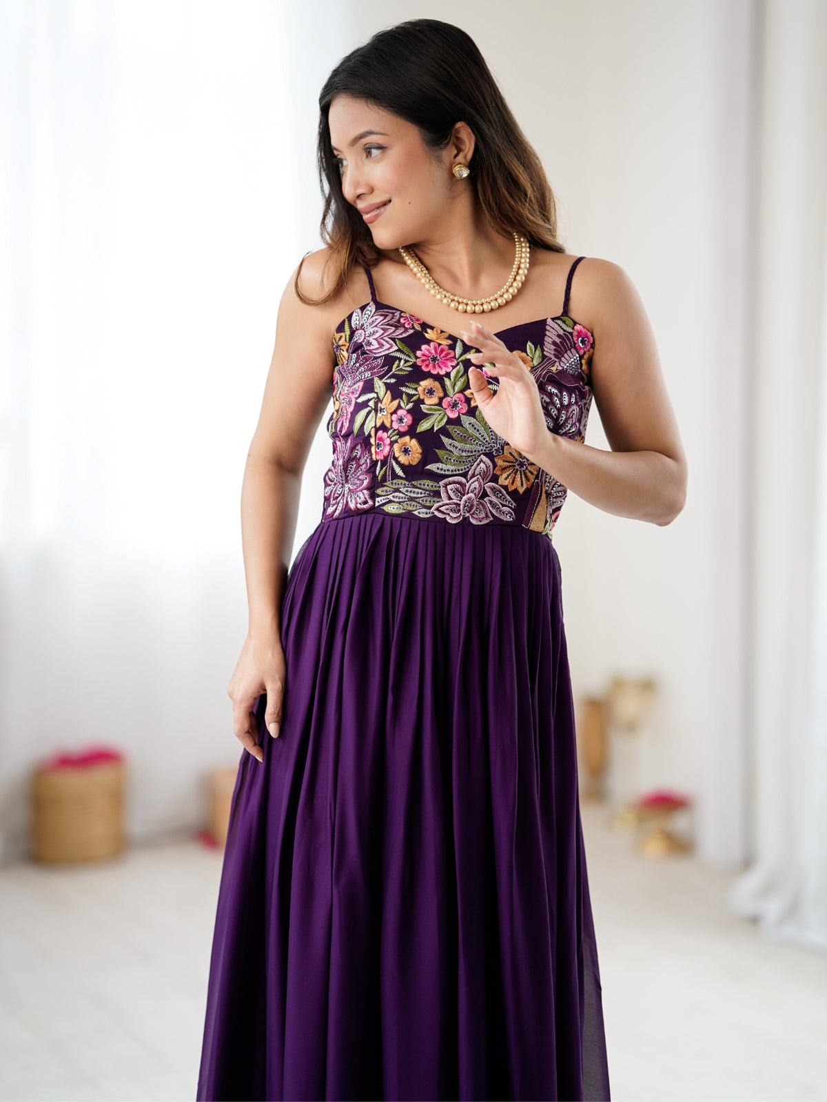 Purple Floral Embroidered Strappy Maxi Gown