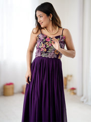 Purple Floral Embroidered Strappy Maxi Gown