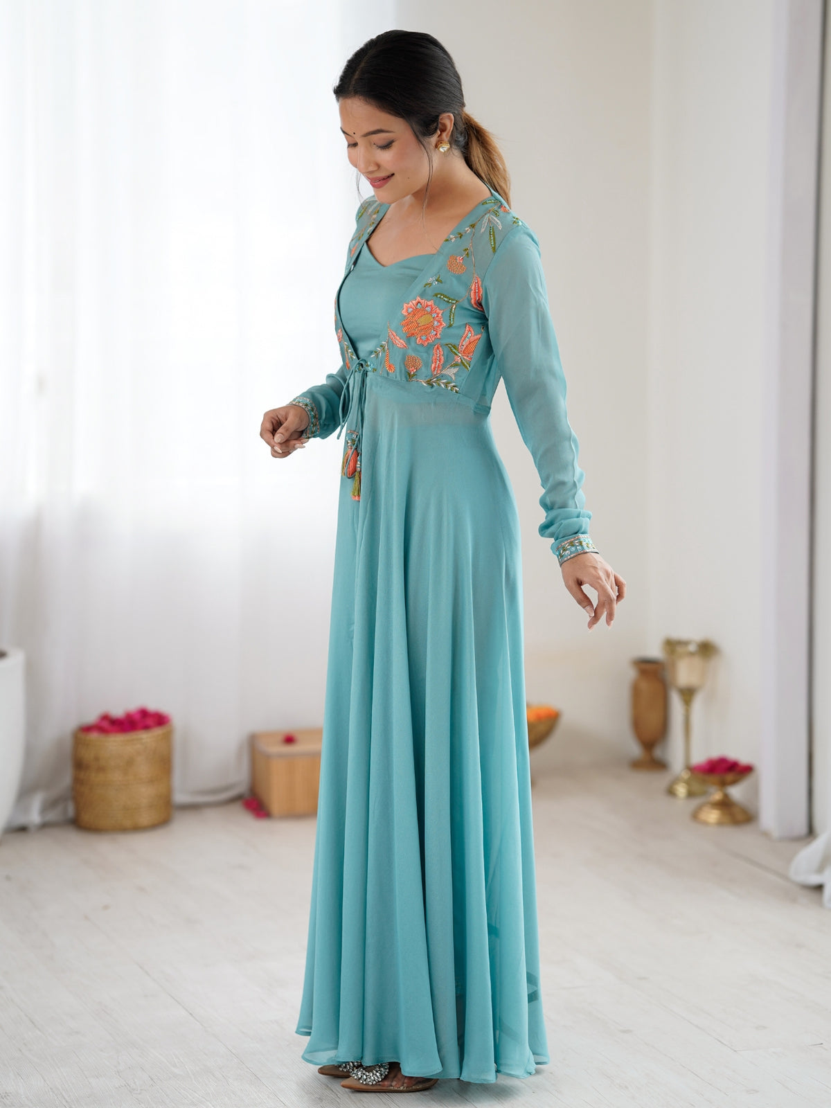 Teal Blue Embroidered Anarkali Gown with Tassel Detailing